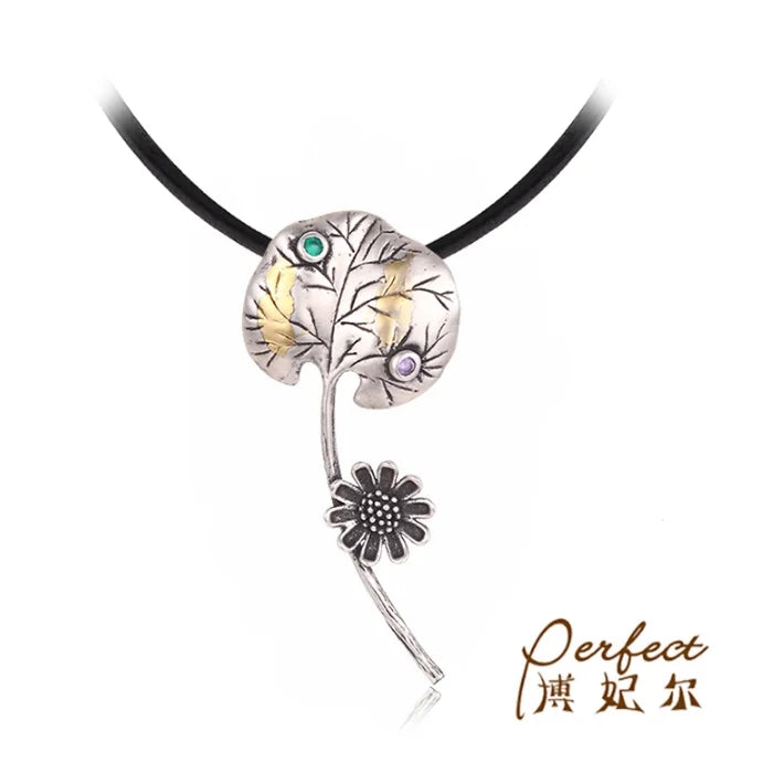 PERFECT Classic Amethyst Flower Lotus Leaf 925 Sterling Silver Anti Silver & Anti Gold Plated Tiny Pendant Necklace