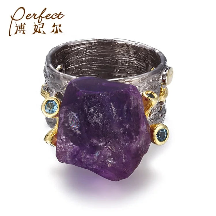 Custom Black Vintage Amethyst Finger Ring  Unisex Sterling Silver Ring Custom