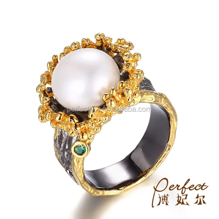 Handmade Unique Flower 925 Sterling Silver Flower Shaped Pearl Ring