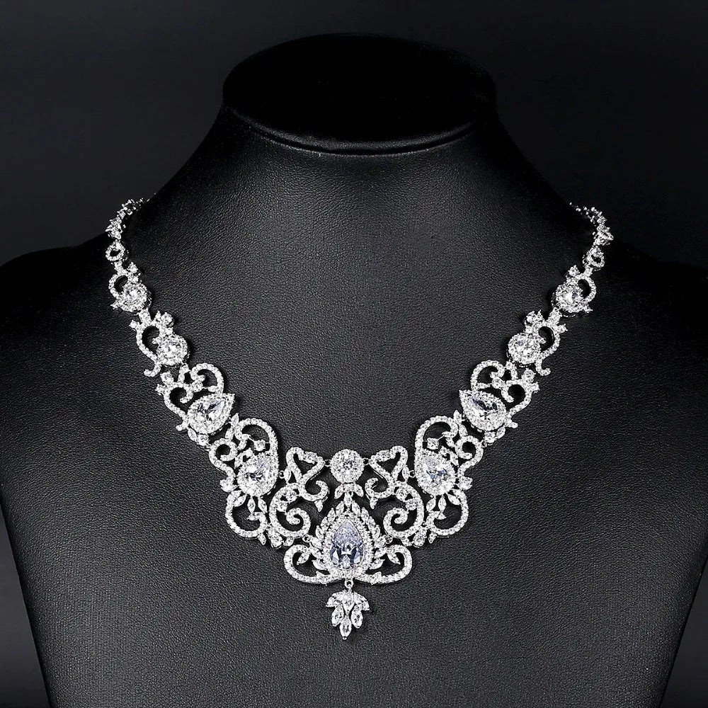 LUOTEEMI Luxury Design Multi Cubic Zircon White Rhodium Gold Plated Big Clear CZ Indian Bridal Jewelry Set