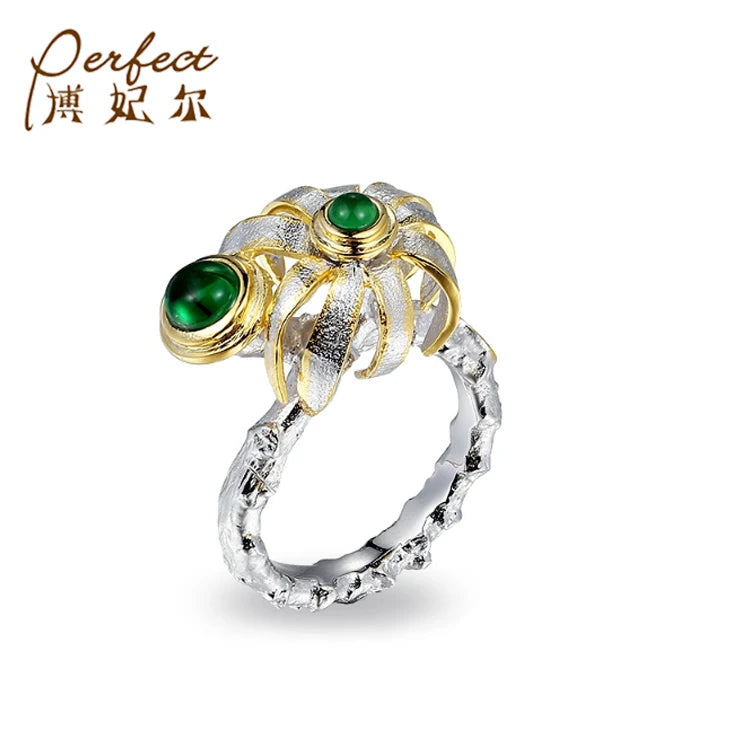 925 Sterling Silver Round Flower Italy Design Ring with Green Glass for Women
