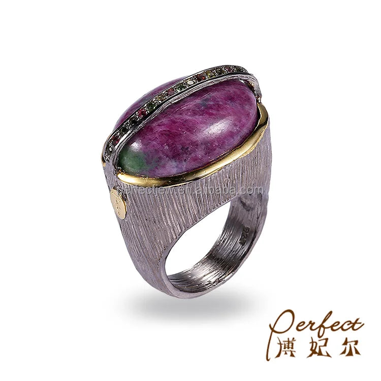 Handmade Epidote 925 Sterling Silver Ring with Tourmaline