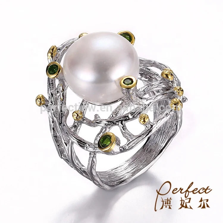 Handmade Indian Style  Germany Button Pearl 925 Silver Ring Diopside Stone Jewelry