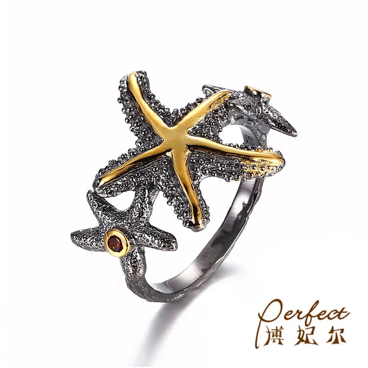 New Product Fashion Cute Pentagram Metal Crystal Sea Star Custom 925 Sterling Silver Ring