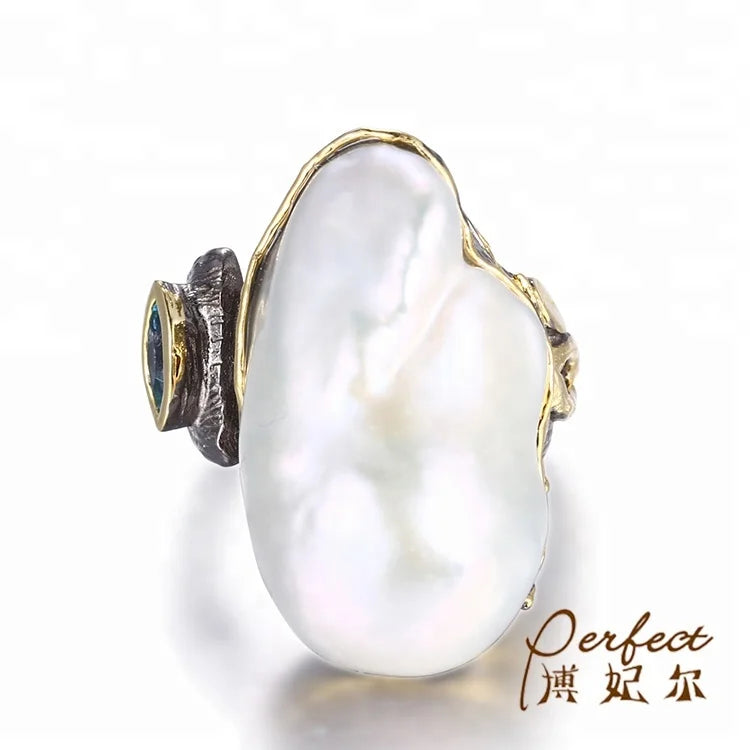 Big Natural Baroque Pearl 925 Sterling Silver Women Design Ring