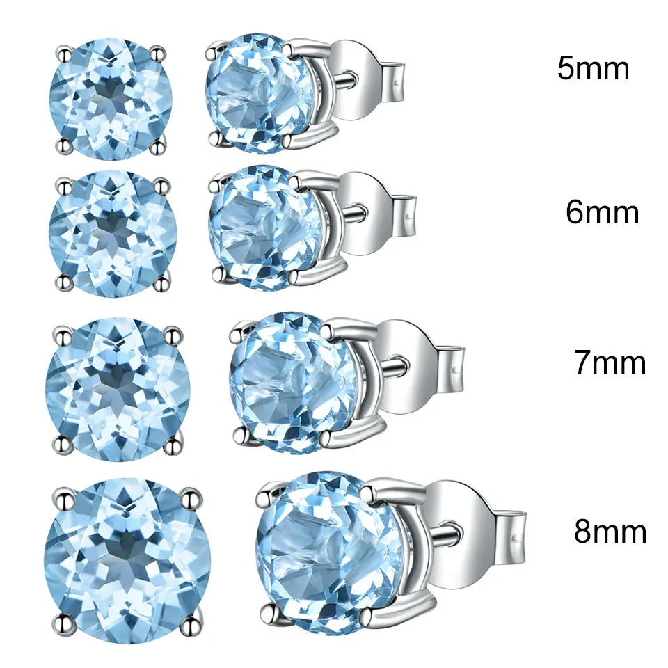 Fashion Zircon Sky Blue Stud Earrings Round 925 Sterling Sliver Gemstone Stud Earrings Jewelry for Women