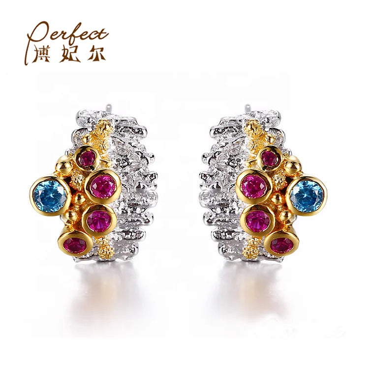 Colourful Synthetic Red Corundum Stone 925 Sterling Silver Earrings for Women