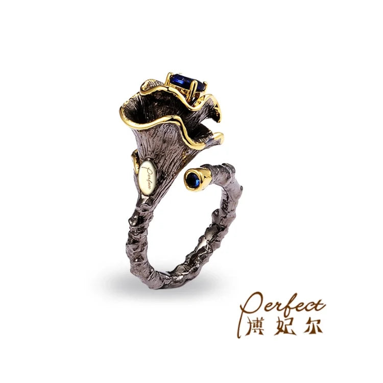 Pharbitis Nil Flower Design Blue Glass 925 Sterling Silver Ring with Black Plated