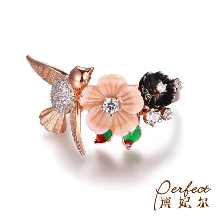 Wholesale Beautiful Shell Flower Bird Ring Sterling Silver Rose Gold Zircon Rings