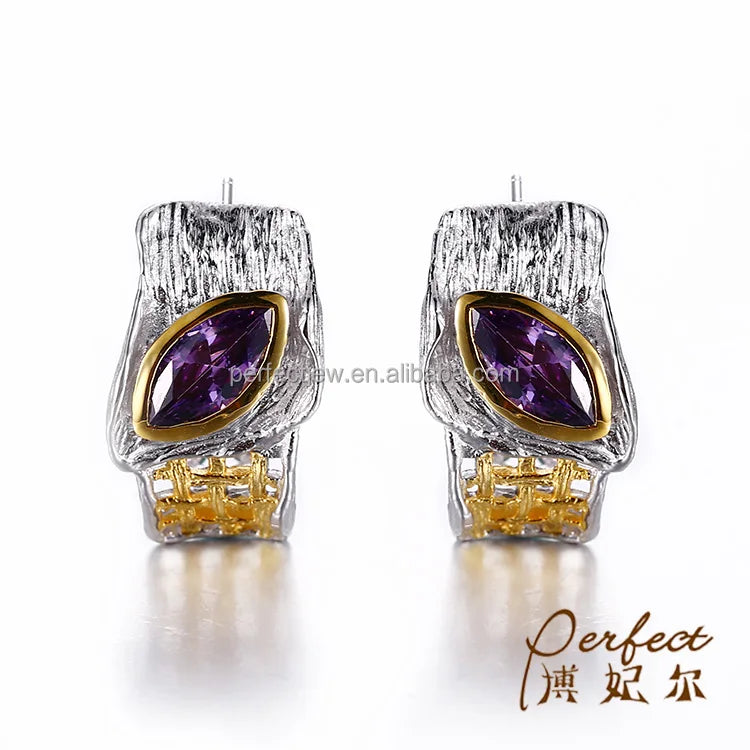 Handmade 925 Sterling Silver Vintage Zircon Stud Earrings With Bezel Setting