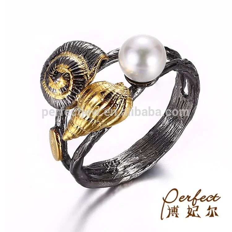 Fashion Snail Design Freshwater Pearl 925 Sterling Silver Ring