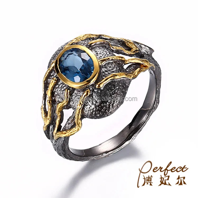 Vintage Custom Blue Topaz 925 Sterling Silver Ring With Bezel Set