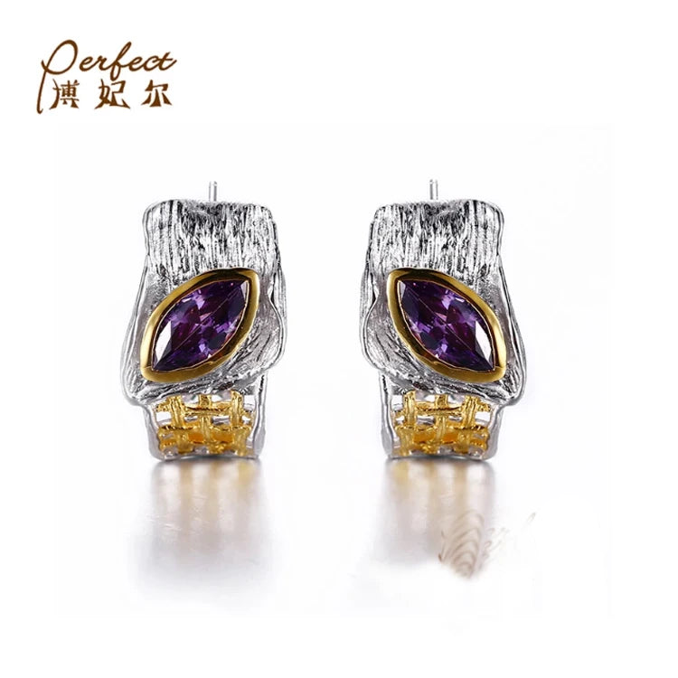 Handmade 925 Sterling Silver Vintage Zircon Stud Earrings With Bezel Setting