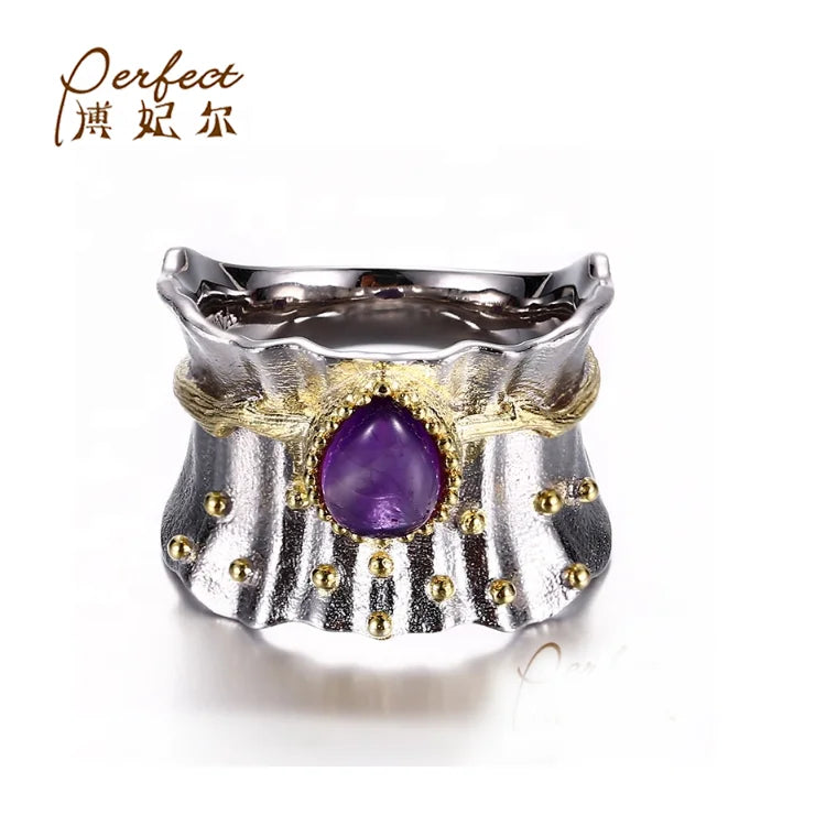 Special Big Amethyst Stone 925 Sterling Silver Ring with White Rhodium Plated