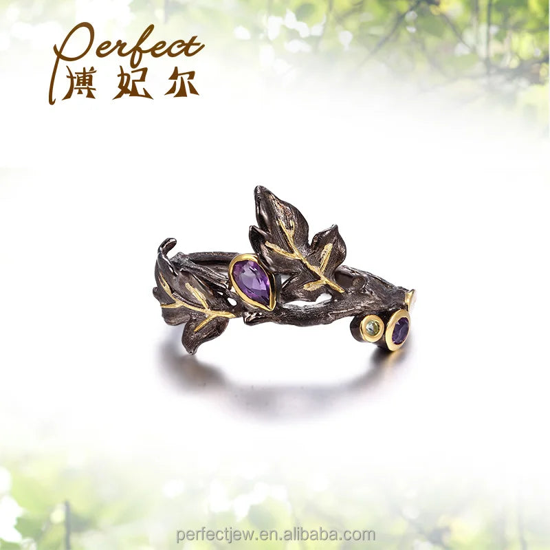 Garland Design Black Plated Aemthys Garnet 925 Sterling Silver Ring for Women