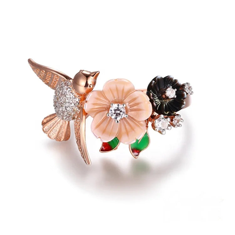 Wholesale Beautiful Shell Flower Bird Ring Sterling Silver Rose Gold Zircon Rings