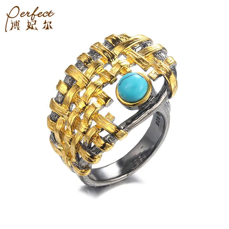 OEM/ODM Handmade 925 Sterling Silver Synthetic Turquoise Ring With Gold Plated Design