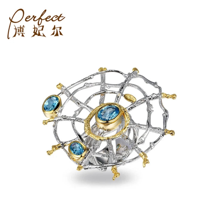 Hollow Blue Topaz 925 Sterling Silver Spider Finger Ring Jewelry