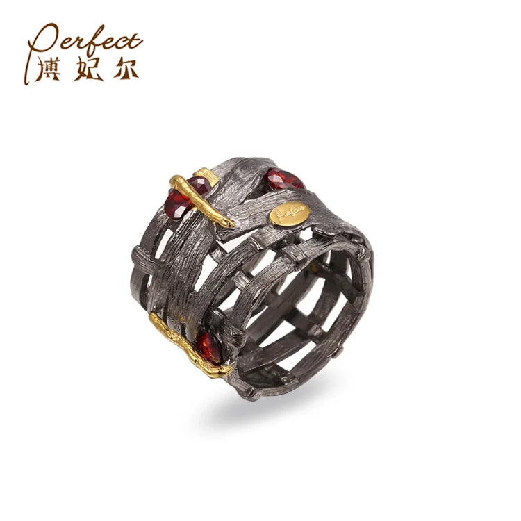 Handmade Garnet Stone Lone Finger 925 Sterling Silver Ring with Black Gold Plated