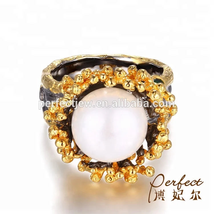 Handmade Unique Flower 925 Sterling Silver Flower Shaped Pearl Ring