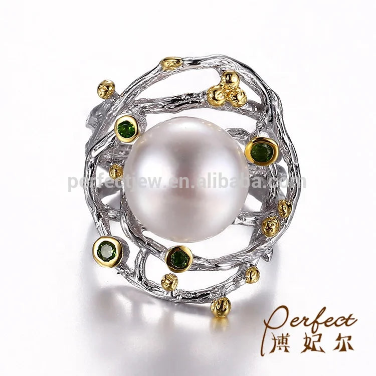 Handmade Indian Style  Germany Button Pearl 925 Silver Ring Diopside Stone Jewelry