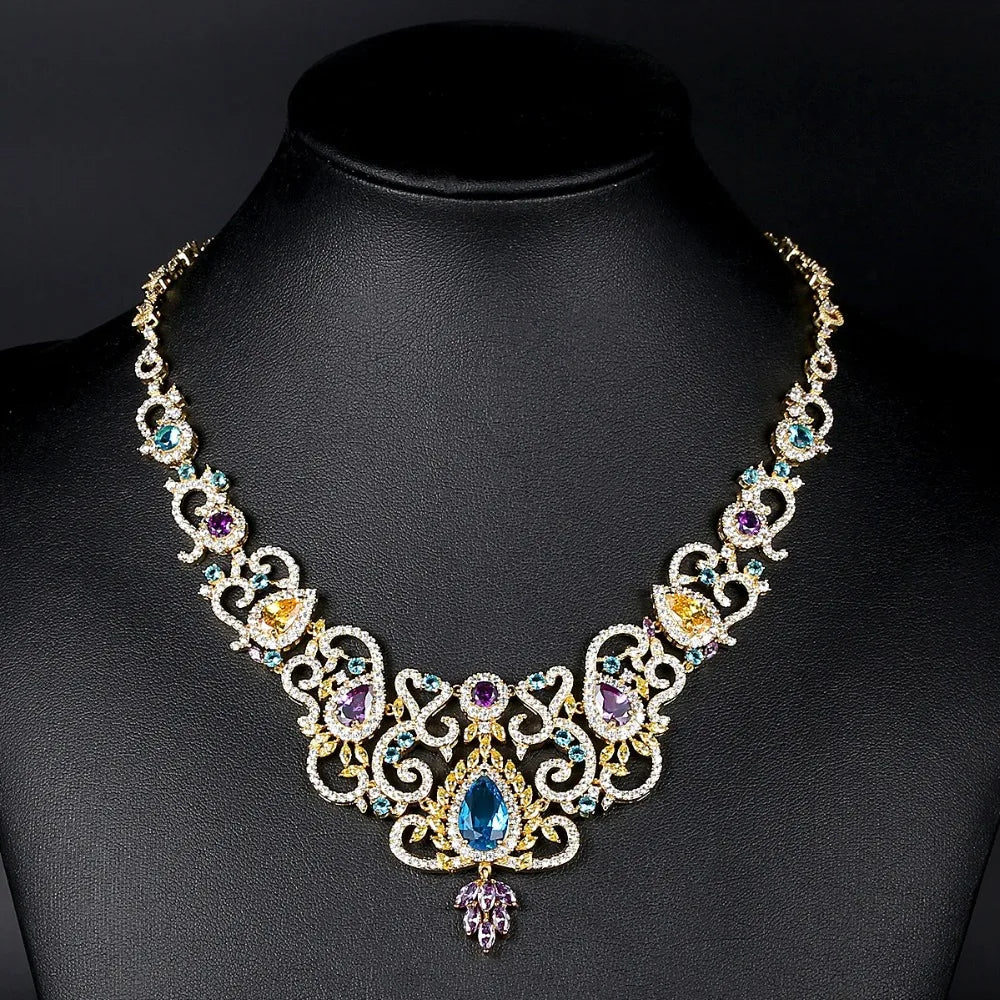 LUOTEEMI Luxury Design Multi Cubic Zircon White Rhodium Gold Plated Big Clear CZ Indian Bridal Jewelry Set