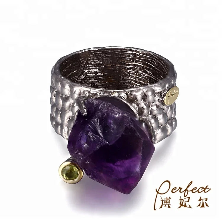 Handmade Big Amethyst Rough Stone 925 Sterling Silver Ring