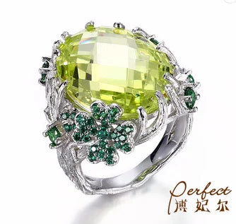 Handmade Fashion Olive Zircon 925 Sterling Silver Jewelry Rings with Bark Grain Design