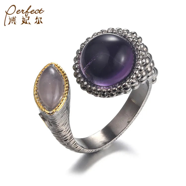 Handmade 925 Sterling Silver Amethyst Jewelry Adjust Ring