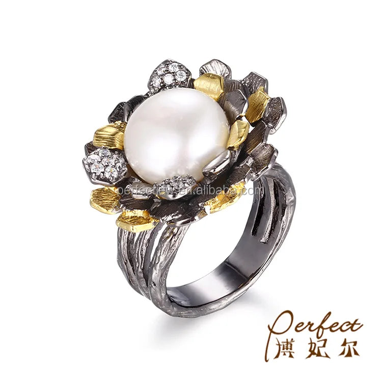 Thailand Flower Gold Plated 925 Sterling Silver Button Pearl Ring for Women