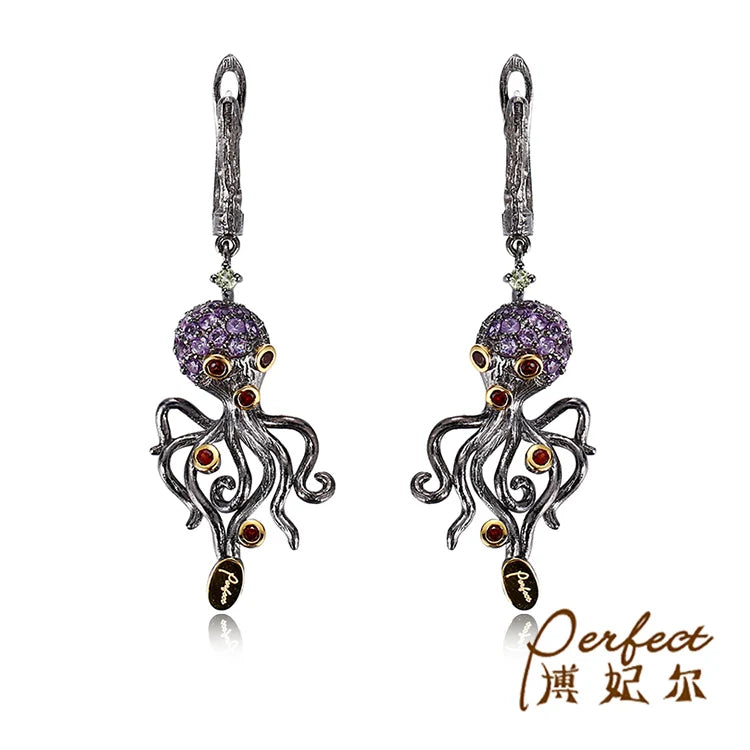Profession Design 925 Sterling Silver Octopus Shape Earrings With Garnet Stone