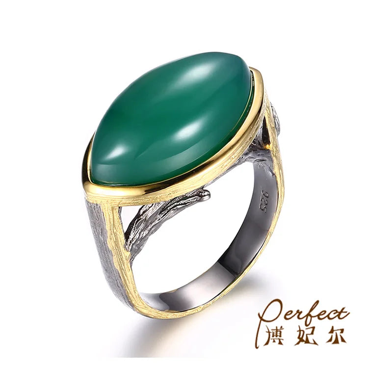 Wholesale Handmade Green Agate 925 Sterling Silver Jewelry Ring