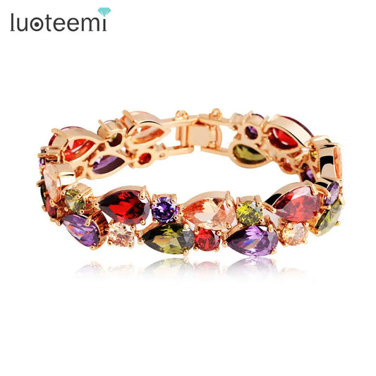 Gemfiori LUOTEEMI Mona Lisa CZ Bracelet 18K Rose/Champagne Gold Plated Multicolor Cubic Zirconia Women Bride Wedding Bangles
