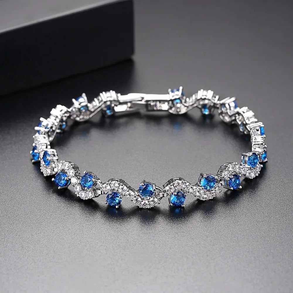 LUOTEEMI Charm Fancy Geometric Round Shape Blue CZ Crystal Bracelets With Clear Squared Shape Crystal Stone for Women Party Gift
