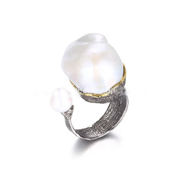 Handmade Italian Engagement 925 Sterling Silver Baroque Pearl Ring