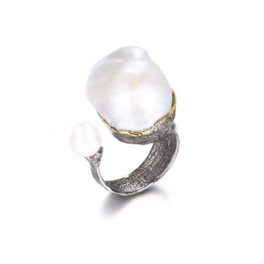 Handmade Italian Engagement 925 Sterling Silver Baroque Pearl Ring