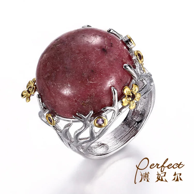 Big Rhodochrosite Stone 925 Sterling Silver Jewelry Ring With White Gold Plated
