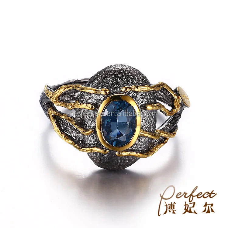 Vintage Custom Blue Topaz 925 Sterling Silver Ring With Bezel Set