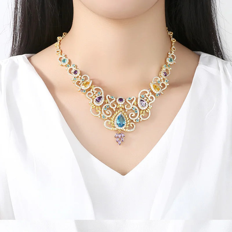 LUOTEEMI Luxury Design Multi Cubic Zircon White Rhodium Gold Plated Big Clear CZ Indian Bridal Jewelry Set