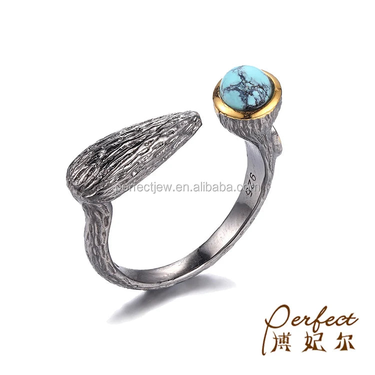 Gemstone Recycled Jewelry Ring Luxury Adjustable Jewellery Rings Turquoise 925 Sterling Silver Ring