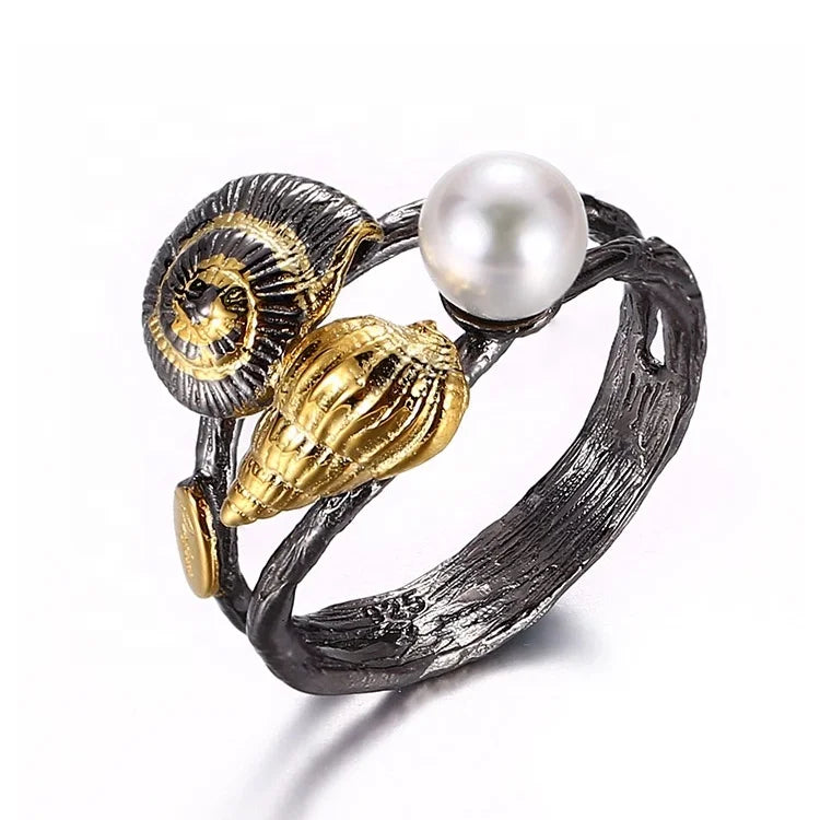 Fashion Snail Design Freshwater Pearl 925 Sterling Silver Ring