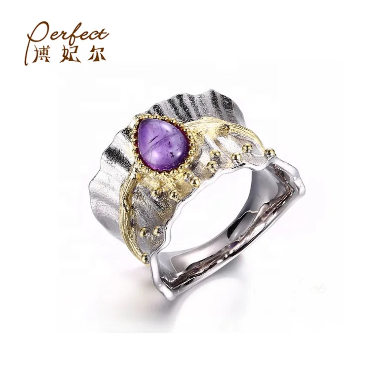 Special Big Amethyst Stone 925 Sterling Silver Ring with White Rhodium Plated