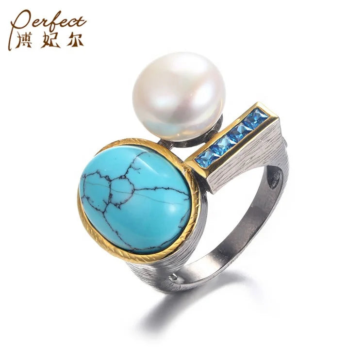 Freshwater Button Pearl 925 Sterling Silver Ring With Synthetic Turquoise Blue Zircon