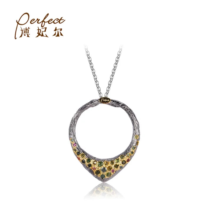 Custom-Made PERFECT Women's Classic Thai Jewelry 925 Sterling Silver Tourmaline Pendant with Black Rhodium Plating