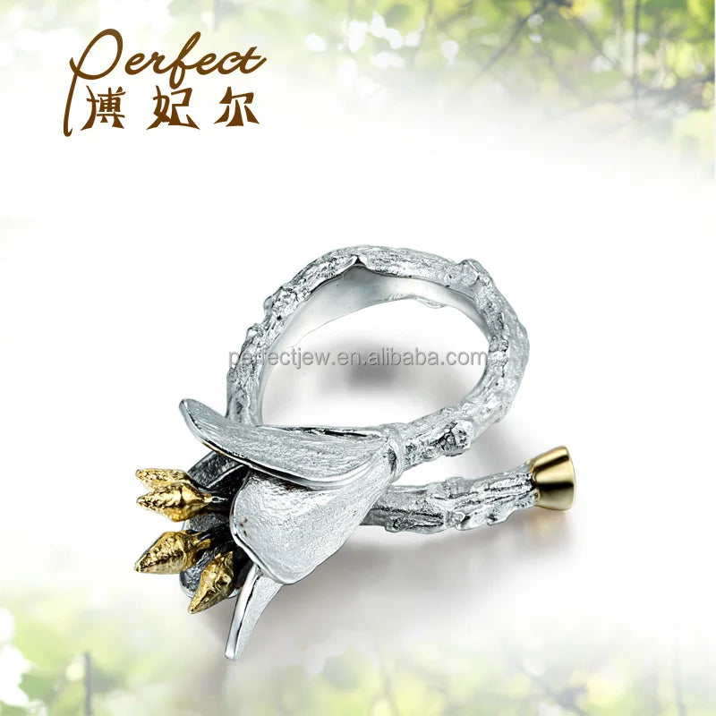 925 Silver Adjustable Open Lady Finger Rings With Two-Tone Plated Young Fashion Jewelry