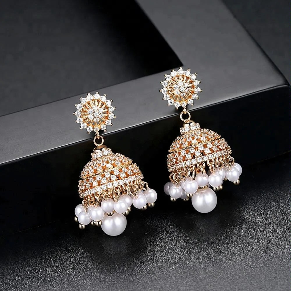 LUOTEEMI Traditional Ethnic Jewelry Jhumka Earrings New Designs Gold Tassel Jhumka Earrings India Jewelry