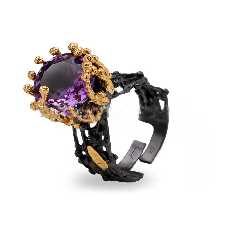 Handmade Sun Design Big Amethyst 925 Sterling Silver Ring