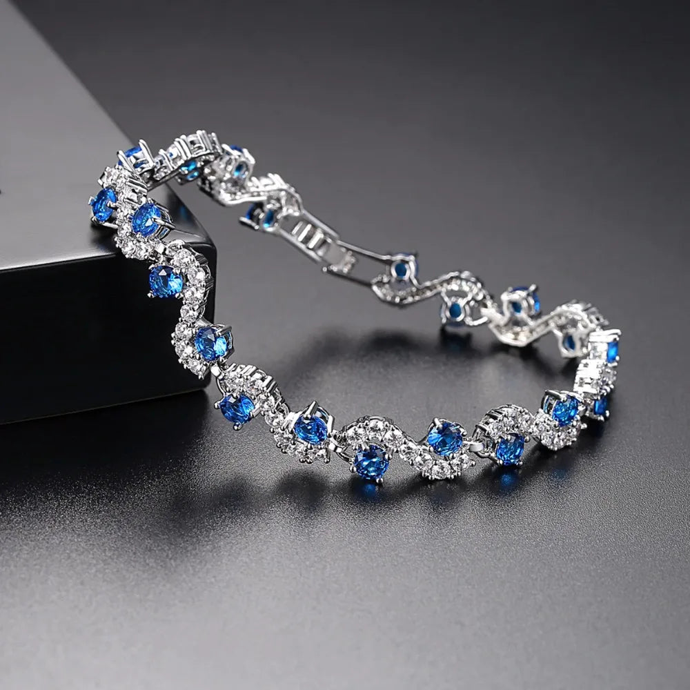 LUOTEEMI Charm Fancy Geometric Round Shape Blue CZ Crystal Bracelets With Clear Squared Shape Crystal Stone for Women Party Gift