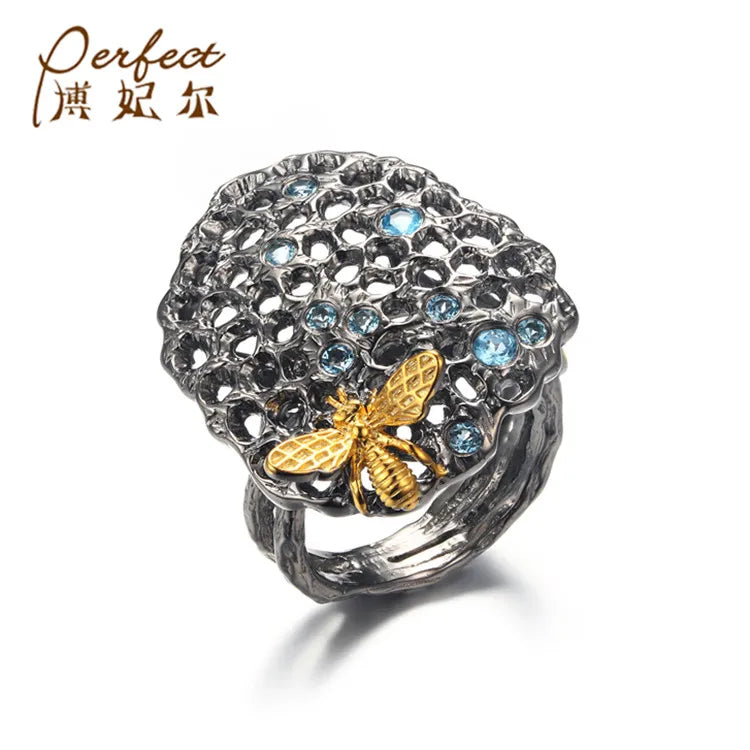 Wholesale Gold Plated Design New Retro Openwork 925 Sterling Silver Blue Topaz Ring With Cheap Price