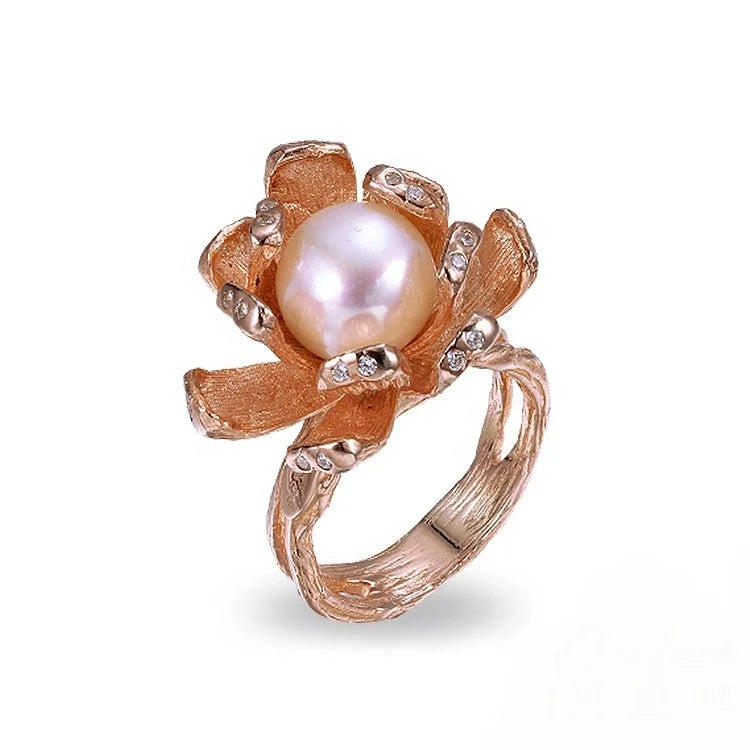 Flower Design Freshwater Button Pearl 925 Sterling Silver Ring with Rose Gold Plated